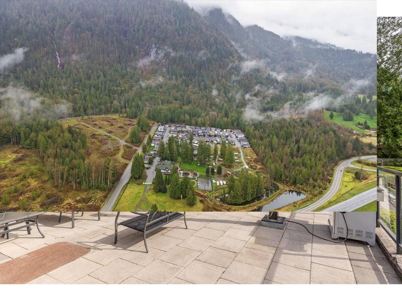 Aerial view of Bridal Falls Resort in the mountain valley